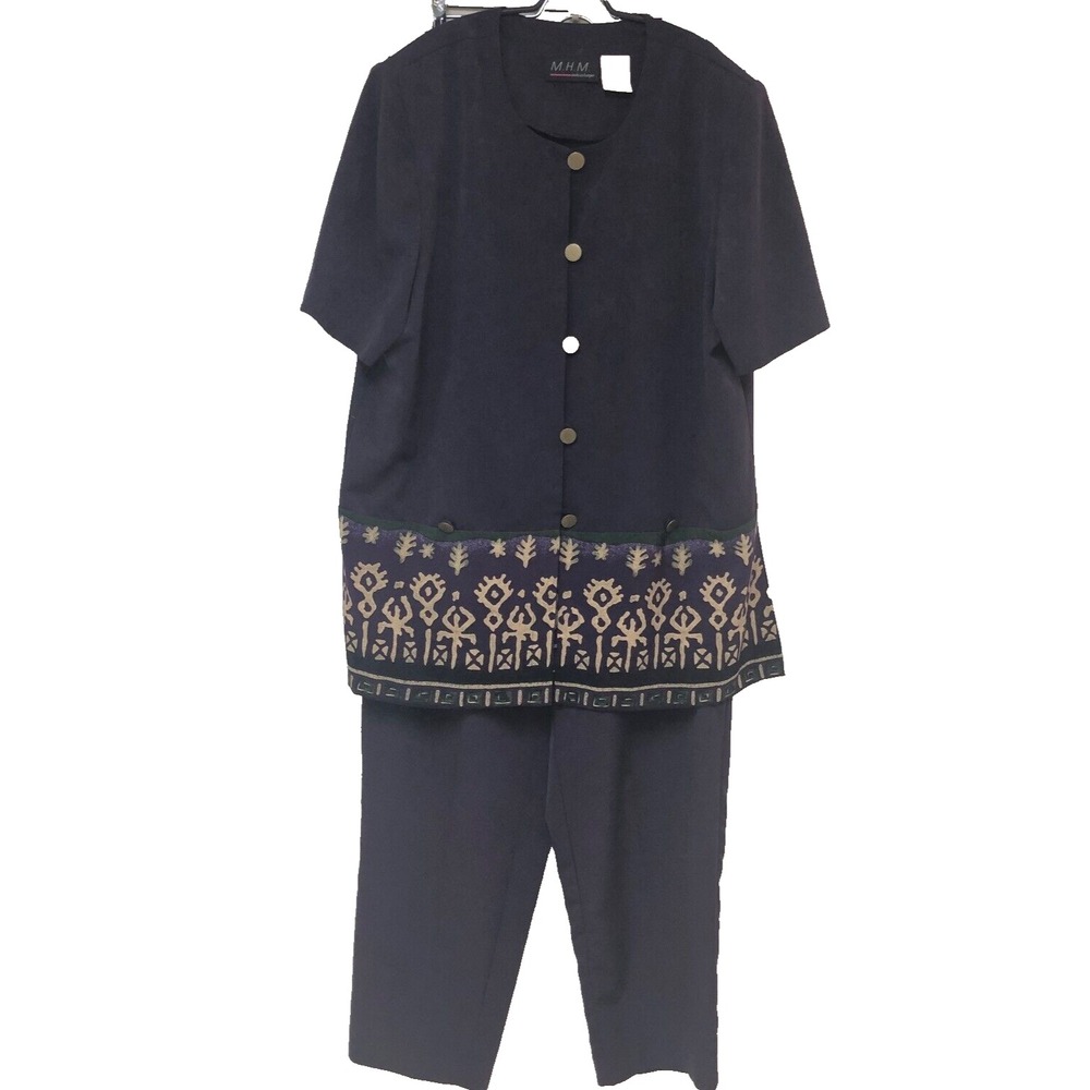 Vintage‎ MHM Melissa Harper Purple Tunic Pant Set Womens 14 Tribal Batik